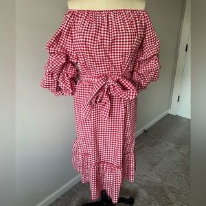 NWOT Who What Wear Red and White Gingham Ruched Off-Shoulder Sundress